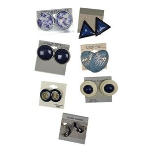 Vintage Earrings Lot 7 Pairs Navy Blue Silver Courtney G Retro Studs Hoops NEW